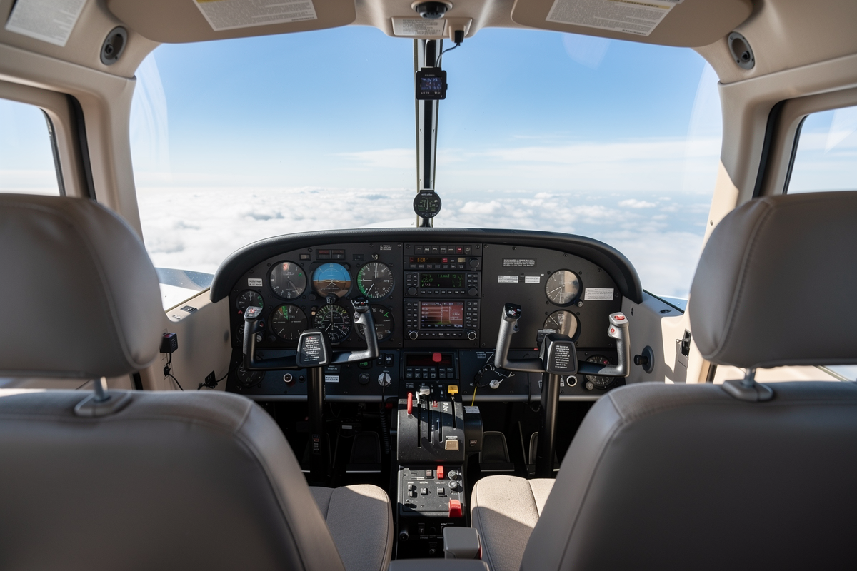Blick aus dem leeren Cockpit eines kleinen Propellerflugzeugs auf Wolken
