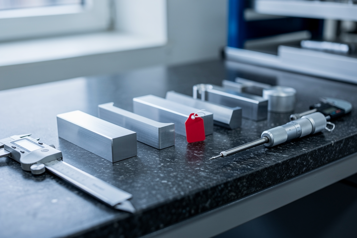 Gefräste Metallteile neben einem Messschieber und einer Bügelmessschraube auf einer Granitmessplatte