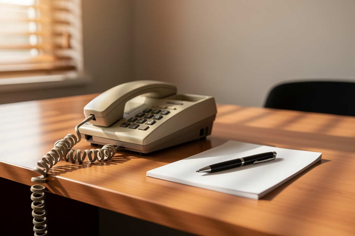 Schnurgebundenes Bürotelefon auf einem Holztresen in einem leeren Kundenbüro
